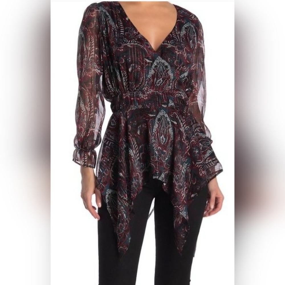 NWT Walter Baker Whimsigoth Sheer Asymmetric Smocked Paisley Blouse SizeXS